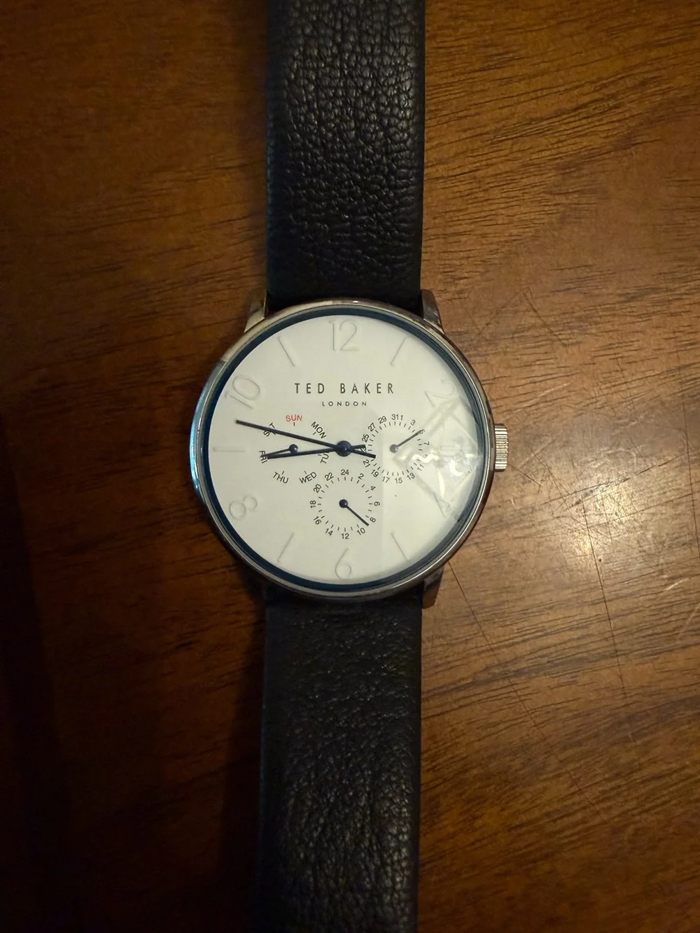 Ted Baker Black Leather Strap Watch with White Dial